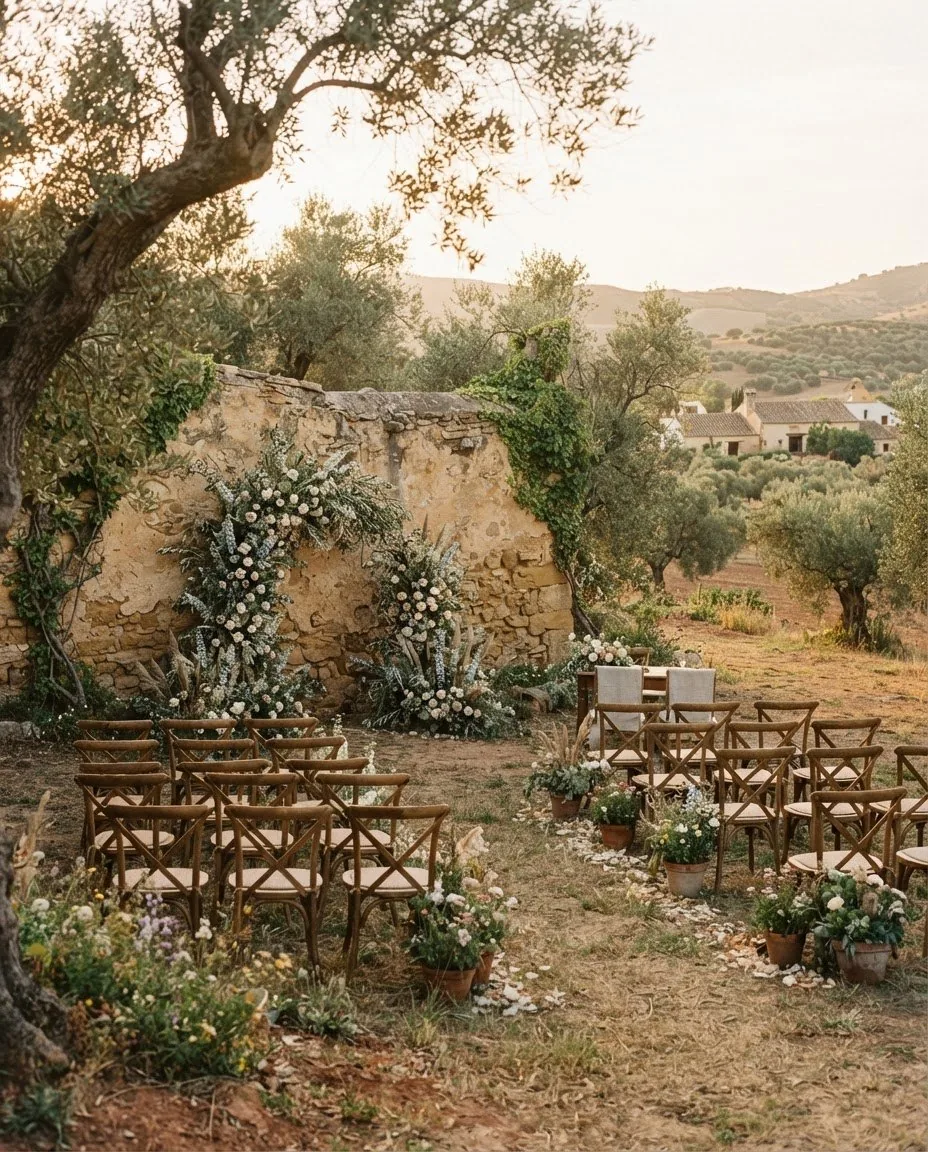 Wooden chairs along an aisle between old olive trees, white and blush roses with delphinium on a weathered stone wall, golden hour