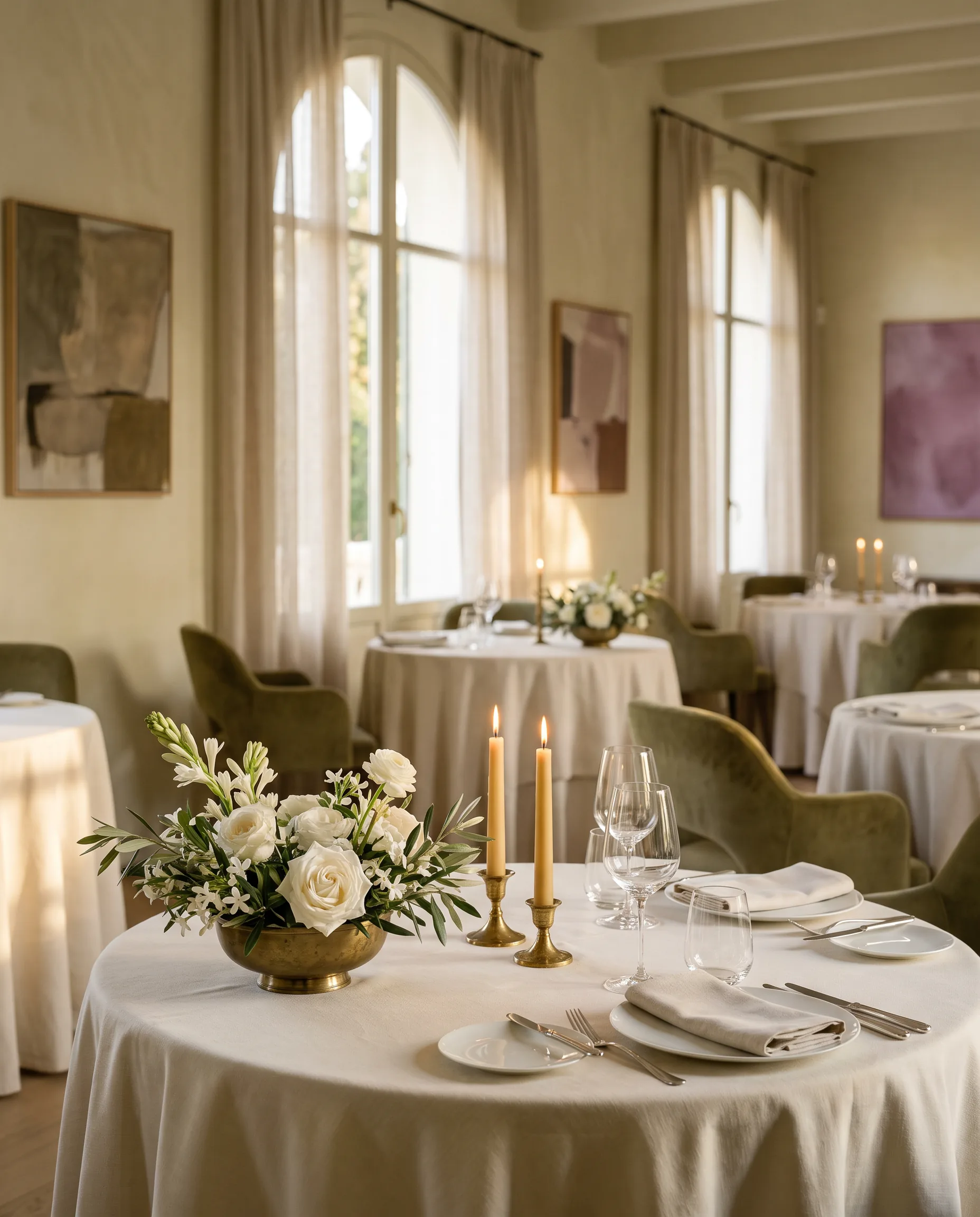Low bowl of white garden roses, tuberose, jasmine and olive on a candlelit fine dining table