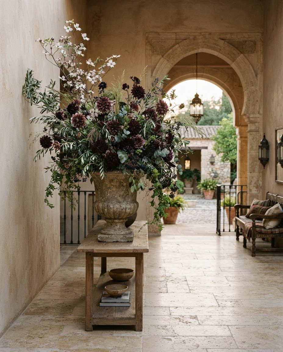 Sculptural arrangement of flowering branches and plum dahlias in a hotel lobby