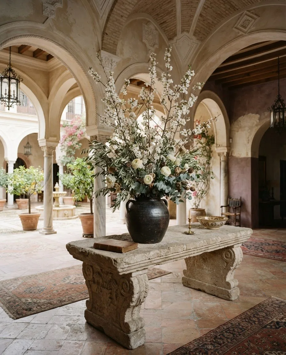 Tall almond blossom, olive and cream ranunculus in a dark vessel under a vaulted hotel lobby, soft courtyard light