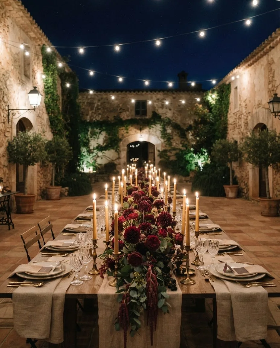 A long reception table at night with a low runner of plum dahlias and garden roses among tall taper candles, string lights above