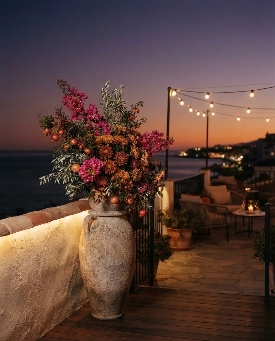 Rust chrysanthemums, pomegranate branches and olive in a tall stone vessel on a terrace bar at dusk, sea behind
